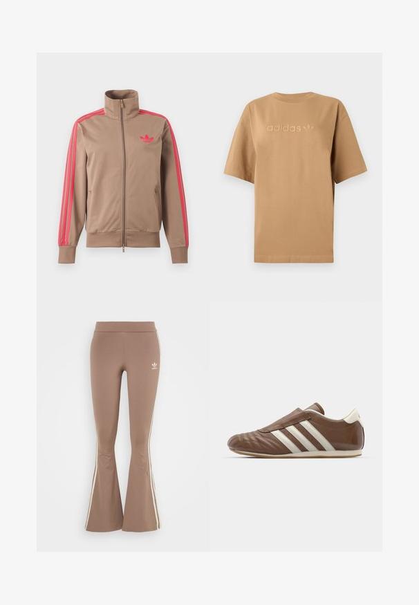 Helepruun lukuga spordijakk kõrge kraega, roosad triibud varrukatel ja roosa Adidas logo vasakul rinnal.; Pruun puuvillane T-särk lühikeste varrukatega ja ümmarguse kaelusega. Omab tõstetud "adidas" logo ja kolmnurga embleemi sama tooni. ; Pruunid lükkavad teksad, mis on valmistatud venivast kangast, valgete külgriipidega ja väikese valge logoga vasakul reiel. Sile tekstuur.; adidas Originals TAEKWONDO W - Tossud - preloved brown/off white