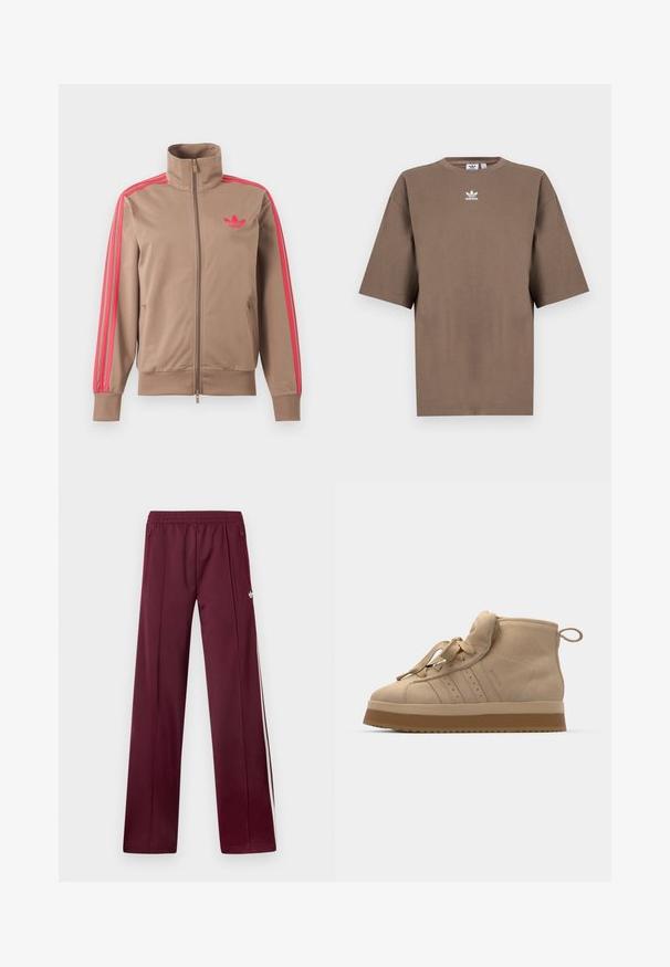 Hellbraune Trainingsjacke mit Reißverschluss und hohem Kragen, pinke Streifen an den Ärmeln und pinkes Adidas-Logo auf der linken Brust.; Braunes Baumwoll-T-Shirt mit kurzen Ärmeln, Rundhals und weißem Adidas-Logo, das zentral auf der Brust platziert ist. Das Design ist schlicht und der Schnitt ist locker.; Bordeauxrote Trainingshose mit elastischem Bund, seitlichen Reißverschlusstaschen, weißen Seitenstreifen und kleinem weißem Adidas-Logo am rechten Oberschenkel.; Beige Wildleder-Hochtop-Sneaker mit einer dicken Gummisohle, ausgestattet mit einer umklappbaren Zunge, runder Spitze und dekorativen Schnürsenkeln.