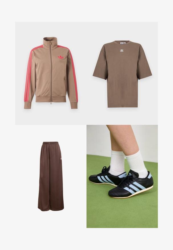 Svetlohnedá športová bunda na zips s vysokým golierom, ružové pruhy na rukávoch a ružové logo Adidas na ľavej strane hrude.; Hnedé bavlnené tričko s krátkymi rukávmi, okrúhlym výstrihom a bielym logom Adidas umiestneným na hrudi, s jednoduchým dizajnom a voľným strihom.; adidas Originals Tepláky - auburn cream white; Čierne kožené športové topánky so svetlomodrými pruhmi, textúrovanými zvrškom a gumovou podrážkou, v kombinácii s bielymi rebrovanými ponožkami na zelenej podlahe.