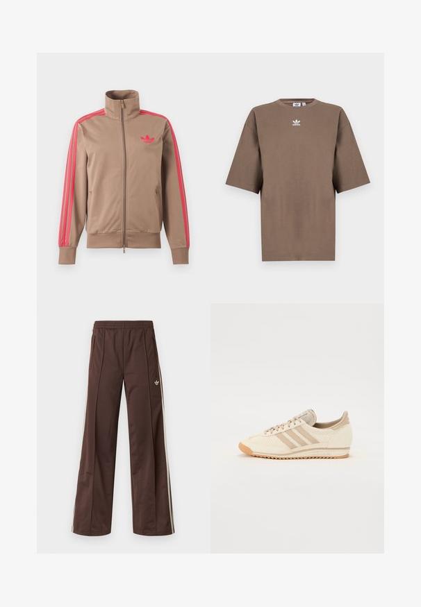 Svetlohnedá športová bunda na zips s vysokým golierom, ružové pruhy na rukávoch a ružové logo Adidas na ľavej strane hrude.; Hnedé bavlnené tričko s krátkymi rukávmi, okrúhlym výstrihom a bielym logom Adidas umiestneným na hrudi, s jednoduchým dizajnom a voľným strihom.; Hnedé športové nohavice so širokým strihom nohavíc, bielymi bočnými pásmi, elastickým pásom a dvoma bočnými vreckami. Na nohavici je malá značka.; Svetlo béžová športová obuv s vrchným materiálom z sieťoviny, tromi pruhmi a textúrovanou gumovou podrážkou. Vyznačuje sa zaoblenou špičkou a minimalistickým dizajnom.