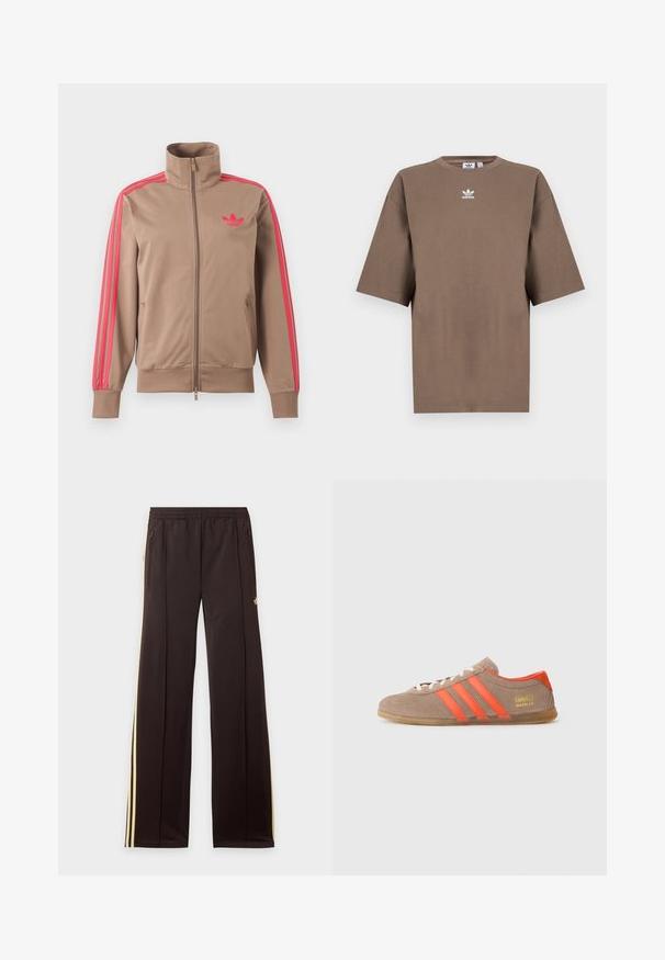 Hellbraune Trainingsjacke mit Reißverschluss und hohem Kragen, pinke Streifen an den Ärmeln und pinkes Adidas-Logo auf der linken Brust.; Braunes Baumwoll-T-Shirt mit kurzen Ärmeln, Rundhals und weißem Adidas-Logo, das zentral auf der Brust platziert ist. Das Design ist schlicht und der Schnitt ist locker.; Schwarze Jogginghose mit gelben Seitenstreifen, elastischem Bund, seitlichen Reißverschlusstaschen und kleinem Logo am oberen Oberschenkel.; Braune Wildleder-Sneaker mit drei leuchtend orangefarbenen Streifen, Schnürung vorne und goldenem "Gazelle"-Branding an der Seite. Flache Gummisohle.