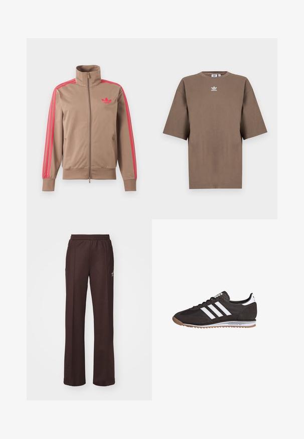 Helepruun lukuga spordijakk kõrge kraega, roosad triibud varrukatel ja roosa Adidas logo vasakul rinnal.; Pruun puuvillane T-särk lühikeste varrukatega, ümar kaelus ja valge Adidas'i logo keskpunktis rinnal, lihtne disain ja mugav lõige.; Kohvilised spordipüksid elastse vöökohtaga, kahe külgmise taskuga ja väikese logoga vasakul küljel, valmistatud pehmest kangast.; Must must sünteetilised tennisetossud, millel on kolm valget triipu, kummine tald, tekstuuriga konts ja hallid aktsendid. Omab seotava disaini ja madalat profiili.