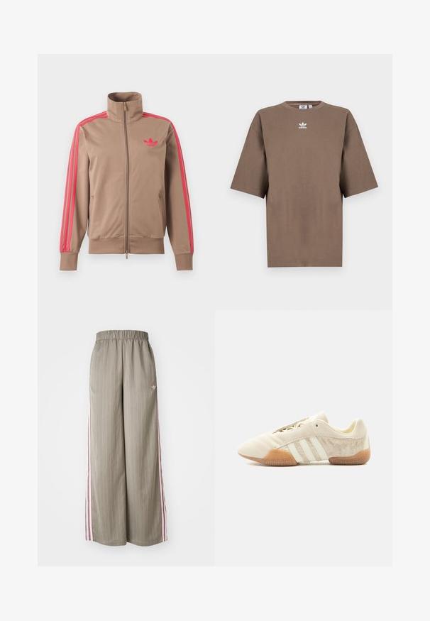 Svetlohnedá športová bunda na zips s vysokým golierom, ružové pruhy na rukávoch a ružové logo Adidas na ľavej strane hrude.; Hnedé bavlnené tričko s krátkymi rukávmi, okrúhlym výstrihom a bielym logom Adidas umiestneným na hrudi, s jednoduchým dizajnom a voľným strihom.; Svetlo olivové nohavice s širokými nohavicami a vertikálnym pruhovaním, elastickým pásom a ružovými bočnými pruhmi. Obsahuje malé logo na boku.; Nízky béžový teniska s tromi bielymi pruhmi, textúrovanými semišovými bočnými panelmi, gumovou podrážkou a šnurovaním na jednofarebnom pozadí.