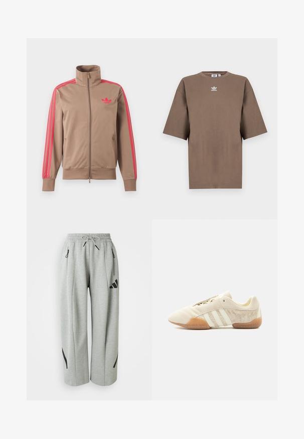 Lysebrun trackjakke med lynlås og høj krave, lyserøde striber ned ad ærmerne og lyserødt Adidas-logo på venstre bryst.; Brun bomulds t-shirt med korte ærmer, rund hals og hvid Adidas-logo centreret på brystet, som har et enkelt design og en afslappet pasform.; Lys grå sweatpants lavet af blødt stof med elastisk talje, snor og sorte detaljer på lommer og sider.; Lavprofileret beige sneaker med tre hvide striber, teksturerede ruskindssidepaneler, gummisål og snørelukning på ensfarvet baggrund.