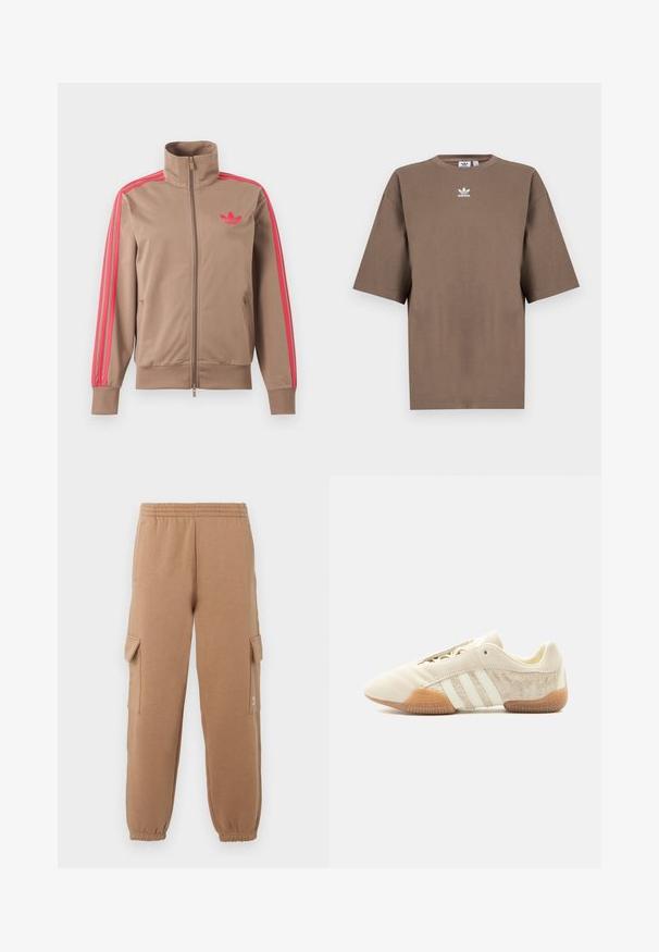 Veste de survêtement marron clair zippée avec col montant, bandes roses sur les manches et logo Adidas rose sur le côté gauche de la poitrine.; T-shirt en coton marron à manches courtes, col rond et logo Adidas blanc centré sur la poitrine, avec un design épuré et une coupe décontractée.; Pantalons cargo beiges en tissu doux avec une taille élastique, chevilles retroussées et poches latérales, comportant un petit logo.; Baskets beige profil bas avec trois bandes blanches, panneaux latéraux en suède texturé, semelle en gomme et fermeture à lacets sur fond uni.
