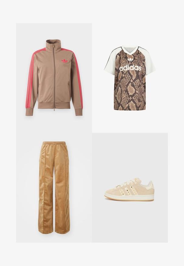 Svetlohnedá športová bunda na zips s vysokým golierom, ružové pruhy na rukávoch a ružové logo Adidas na ľavej strane hrude.; Tričko Adidas s krátkym rukávom a strihom do V, s bielymi rukávmi a hnedým hadím vzorom na tele, s bielym logom Adidas a emblémom trefoil vpredu.; Béžové široké nohavice vyrobené z mäkkého, zamatového materiálu. Obsahujú elastický pás a vertikálne švy na prednej strane pre dodatočný detail.; adidas Originals CAMPUS 00S W - Tenisky - sand strata/cream white/gold-coloured