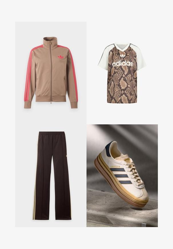 Svetlohnedá športová bunda na zips s vysokým golierom, ružové pruhy na rukávoch a ružové logo Adidas na ľavej strane hrude.; Tričko Adidas s krátkym rukávom a strihom do V, s bielymi rukávmi a hnedým hadím vzorom na tele, s bielym logom Adidas a emblémom trefoil vpredu.; Čierne tepláky so žltými bočnými pruhmi, elastickým pásom, bočnými vreckami na zips a malým logom na hornej časti stehna.; Tenisky Adidas Gazelle so smotanovým semišovým horným dielom, modrými koženými akcentmi, tromi modrými pruhmi, béžovou medzipodrážkou a hnedou gumovou podrážkou.