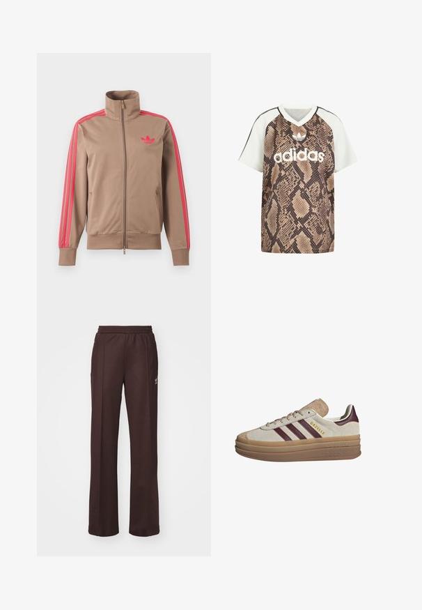 Helepruun lukuga spordijakk kõrge kraega, roosad triibud varrukatel ja roosa Adidas logo vasakul rinnal.; Adidase lühikeste varrukatega V-kaelusega särk, valgete varrukatega ja pruuni maduprindiga kerel, esiküljel valge Adidas logo ja kolmeleheline embleem.; Kohvilised spordipüksid elastse vöökohtaga, kahe külgmise taskuga ja väikese logoga vasakul küljel, valmistatud pehmest kangast.; Beežidest suedesneakerid tumepunaste triipudega, valgete detailidega, paksu läbipaistva tallaga ja külgedel tõstetud brändinguga. Kinnitatav disain.
