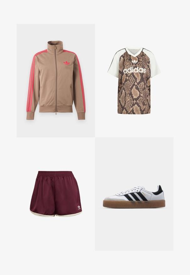 Lichtbruine trackjas met rits en hoge kraag, roze strepen op de mouwen en roze Adidas-logo op de linkerborst.; Adidas T-shirt met korte mouwen en V-hals, met witte mouwen en een bruin slangenprint op het lichaam, met wit Adidas-logo en trefoil-embleem aan de voorkant.; adidas Originals SPRINTER - Shorts - maroon cream white; Witte leren sneakers met zwarte strepen, gumrubberen buitenzool, ronde neus, vetersluiting en een zachte grijze suède neuskap.