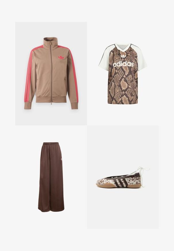 Svetlohnedá športová bunda na zips s vysokým golierom, ružové pruhy na rukávoch a ružové logo Adidas na ľavej strane hrude.; Tričko Adidas s krátkym rukávom a strihom do V, s bielymi rukávmi a hnedým hadím vzorom na tele, s bielym logom Adidas a emblémom trefoil vpredu.; adidas Originals Tepláky - auburn cream white; Ploché baletné topánky s hnedo-bielym škvrnitým vzorom, tromi tmavými pruhmi na boku, svetlohnedou podrážkou a bielymi šnúrkami na viazanie okolo členku.