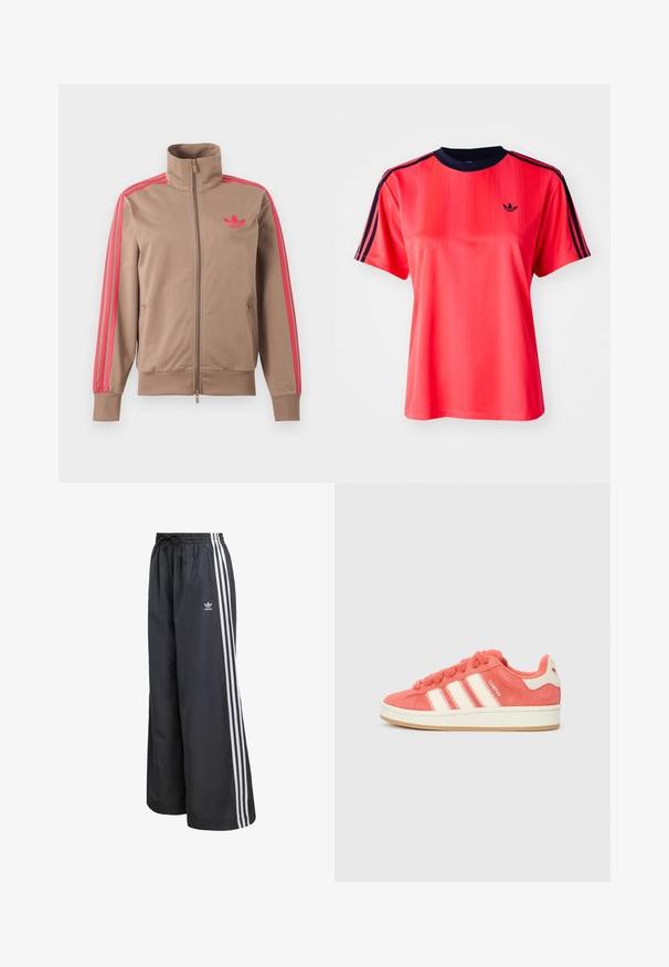 Svetlohnedá športová bunda na zips s vysokým golierom, ružové pruhy na rukávoch a ružové logo Adidas na ľavej strane hrude.; Červené športové tričko s krátkymi rukávmi, s vertikálnymi pruhmi, námorníckym okrúhlym výstrihom a malým čiernym logom na prednej strane.; Čierne športové nohavice z ľahkého materiálu, s tromi bielymi vertikálnymi pruhmi a elastickým pásom so sťahovacou šnúrkou.; Ružové semišové tenisky s krémovými prúžkami, okrúhlymi šnúrkami a textúrovaným jazykom. Obsahujú gumenú podrážku a logo na päte.