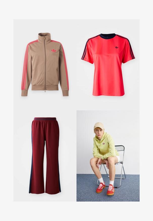 Lysebrun trackjakke med lynlås og høj krave, lyserøde striber ned ad ærmerne og lyserødt Adidas-logo på venstre bryst.; Rød sports t-shirt med korte ærmer, der har lodrette striber, en marineblå rund hals og et lille sort logo på forsiden.; Røde sweatpants med en løs pasform, med marineblå sidelister og et bredt ben design. Elastisk talje for komfort.; Lysegrøn hættetrøje med logo, hvide shorts, røde sneakers med hvide striber, siddende på en krom foldebænk mod en neutral baggrund.