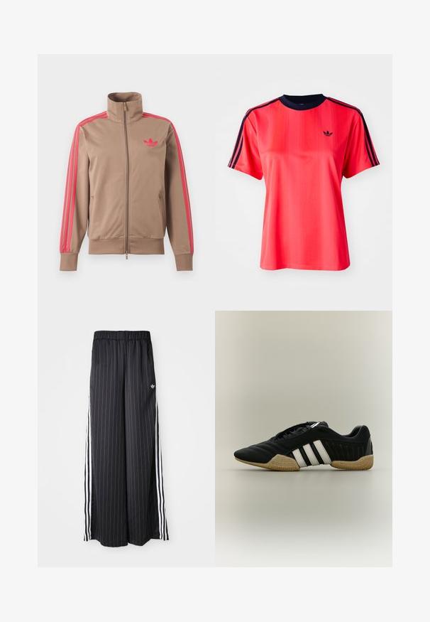 Hellbraune Trainingsjacke mit Reißverschluss und hohem Kragen, pinke Streifen an den Ärmeln und pinkes Adidas-Logo auf der linken Brust.; Rotes sportliches T-Shirt mit kurzen Ärmeln, das von vertikalen Streifen, einem marineblauen Rundhalsausschnitt und einem kleinen schwarzen Logo auf der Vorderseite geprägt ist.; Schwarzfarbene, weit geschnittene Hosen mit vertikalen weißen Streifen, elastischem Bund und drei weißen Streifen an der Seite. Adidas-Logo auf der Vorderseite.; Schwarzer Sportschuh mit weißen Streifen und beiger, strukturierter Sohle auf neutralem Hintergrund, seitlich dargestellt.