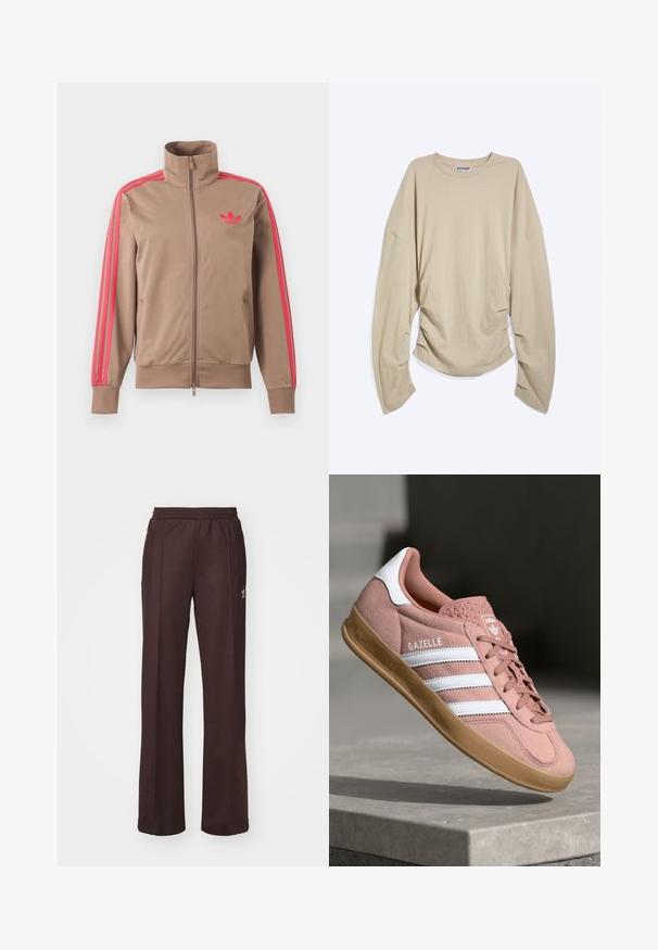 Svetlohnedá športová bunda na zips s vysokým golierom, ružové pruhy na rukávoch a ružové logo Adidas na ľavej strane hrude.; Béžové tričko s dlhým rukávom a okrúhlym výstrihom s nadrozmernými rukávmi a nariasenými bočnými stranami, položené na bielom pozadí.; Hnedé športové nohavice s elastickým pásom, dvoma bočnými vreckami a malým logom na ľavej strane, vyrobené z mäkkej látky.; Ružové semišové tenisky s bielymi pruhmi, gumovou podrážkou, textúrovaným vrchom a logom na jazykovej části. Klasický nízkoprofilový dizajn.