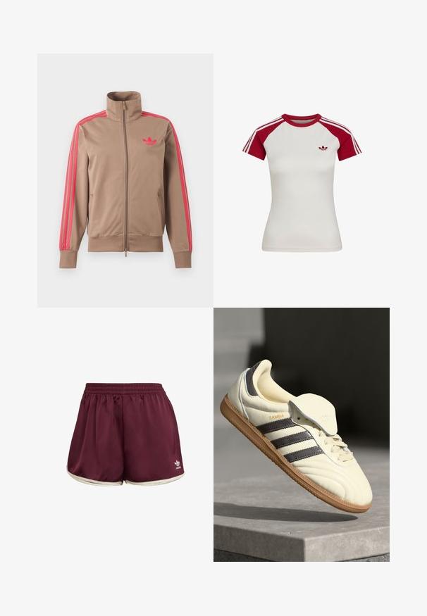 Chaqueta deportiva marrón claro con cremallera y cuello alto, rayas rosas por las mangas y logo rosa de Adidas en el pecho izquierdo.; Camiseta deportiva blanca ajustada de manga corta con mangas raglán rojas, cuello rojo, tres franjas blancas en las mangas y pequeño logo en el pecho izquierdo.; adidas Originals SPRINTER - Shorts - maroon cream white; Zapatilla de cuero crema con tres rayas oscuras, suela de goma marrón y punta redondeada. Cuenta con una lengüeta plegable etiquetada como "SAMBA".