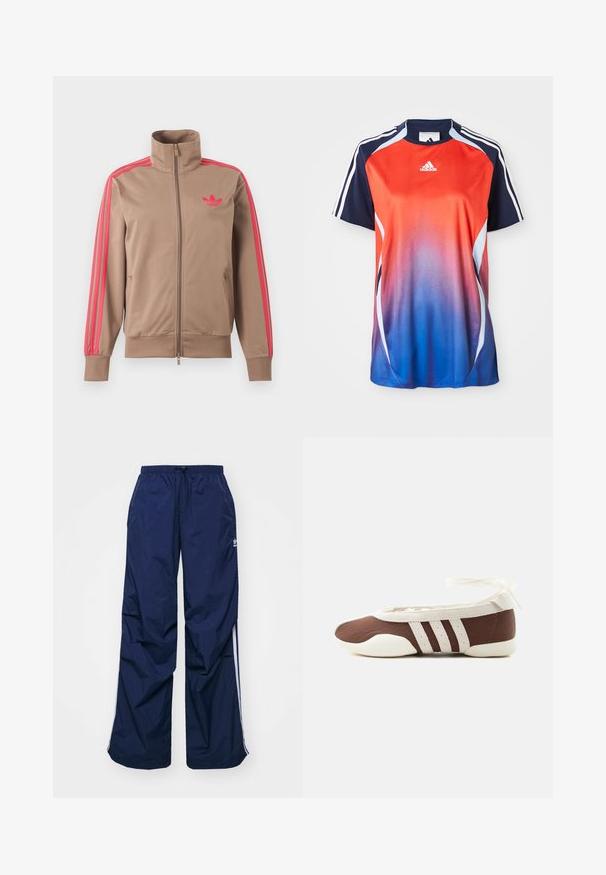 Lichtbruine trackjas met rits en hoge kraag, roze strepen op de mouwen en roze Adidas-logo op de linkerborst.; Adidas sportshirt met korte mouwen, voorzien van een gradient van rood naar blauw, met marineblauwe accenten en witte strepen langs de schouders.; Navyblauwe, lichtgewicht broek met elastische taille en trekkoord, voorzien van witte zijstrepen en een klein logo aan de voorkant. Losse pasvorm.; Bruine en witte ballerinaschoenen met drie witte strepen en een strik om de enkel op een effen lichte achtergrond.