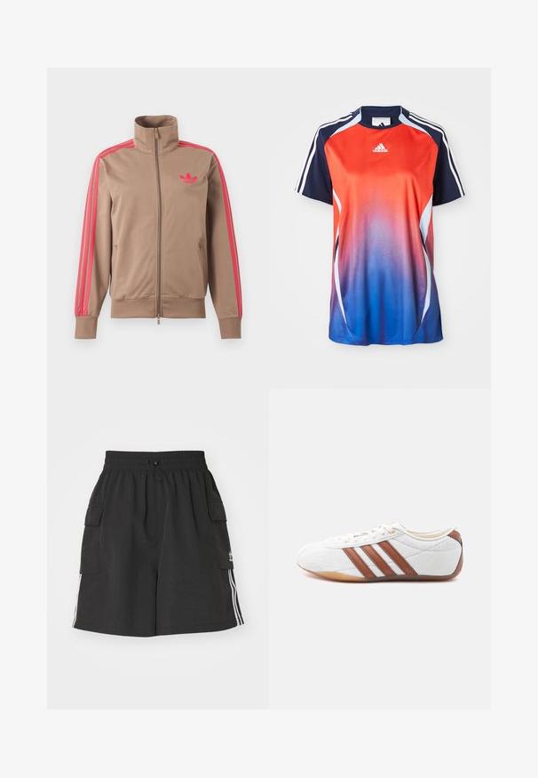 Hellbraune Trainingsjacke mit Reißverschluss und hohem Kragen, pinke Streifen an den Ärmeln und pinkes Adidas-Logo auf der linken Brust.; Adidas Sportshirt mit kurzen Ärmeln in einem Farbverlauf von Rot zu Blau, mit marineblauen Akzenten und weißen Streifen an den Schultern.; Schwarze Cargo-Shorts aus leichtem Material, mit elastischem Bund, Kordelzugverschluss, seitlichen Taschen und weißen Seitengürteln.; Weißer Sneaker mit niedrigem Schaft, braunen Lederstreifen, Schnürverschluss und einer Laufsohle aus Gummimaterial, von der Innenseite auf weißem Hintergrund gezeigt.