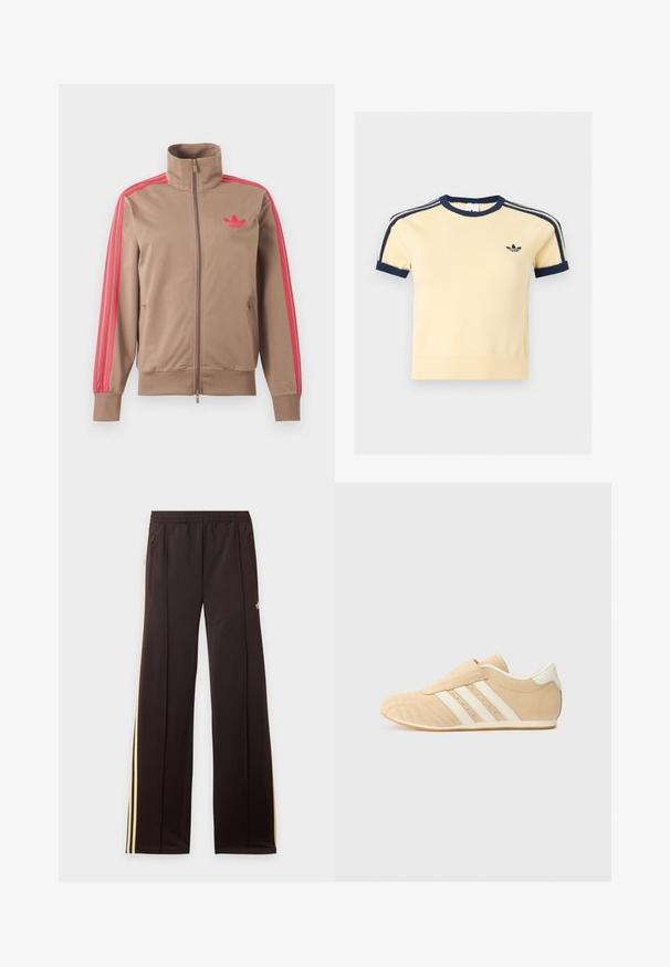 Hellbraune Trainingsjacke mit Reißverschluss und hohem Kragen, pinke Streifen an den Ärmeln und pinkes Adidas-Logo auf der linken Brust.; Kurzärmeliges cremefarbenes Hemd mit dunkelblauem Rundhalsausschnitt, Ärmelsaum, Schulternstreifen und kleinem dunkelblauem Adidas-Trefoil-Logo auf der linken Brust.; Schwarze Jogginghose mit gelben Seitenstreifen, elastischem Bund, seitlichen Reißverschlusstaschen und kleinem Logo am oberen Oberschenkel.; Tan- und cremefarbene Sportschuhe mit einem glatten Lederoberteil, drei weißen Streifen an der Seite und einer abgerundeten Zehenpartie. Strukturiertes Obermaterial mit Perforationen.