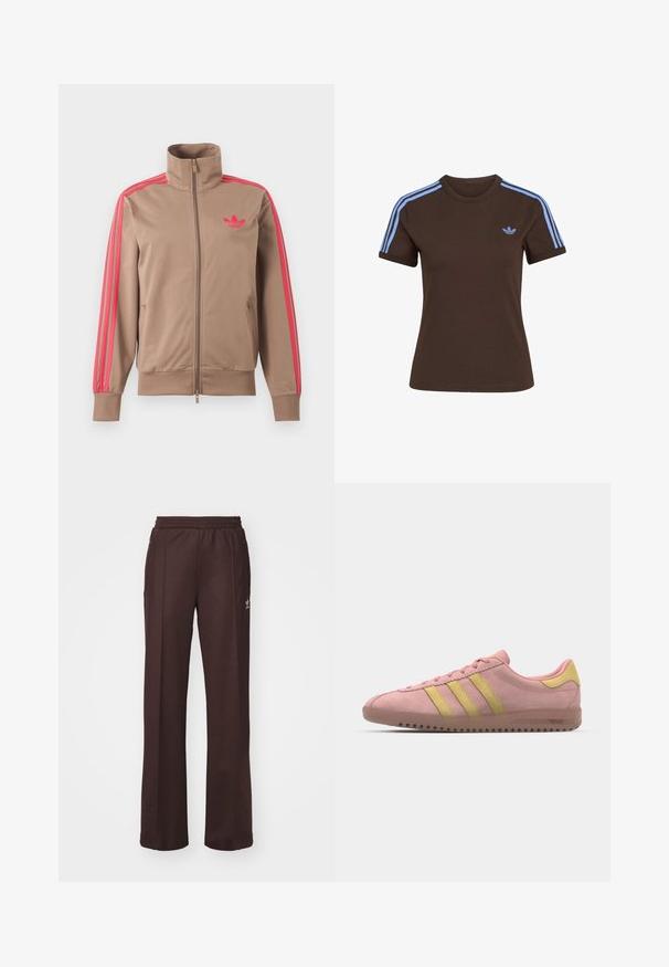 Chaqueta deportiva marrón claro con cremallera y cuello alto, rayas rosas por las mangas y logo rosa de Adidas en el pecho izquierdo.; Camiseta marrón de manga corta con tres rayas azul claro en los hombros y pequeño logo de Adidas azul claro en el pecho izquierdo.; Pantalones deportivos marrones con una cinturilla elástica, dos bolsillos laterales y un pequeño logo en el lado izquierdo, hechos de una tela suave.; Zapatilla de ante rosa con tres franjas amarillas, puntera redondeada y suela de goma texturizada. Diseño de perfil bajo con un collar acolchado.