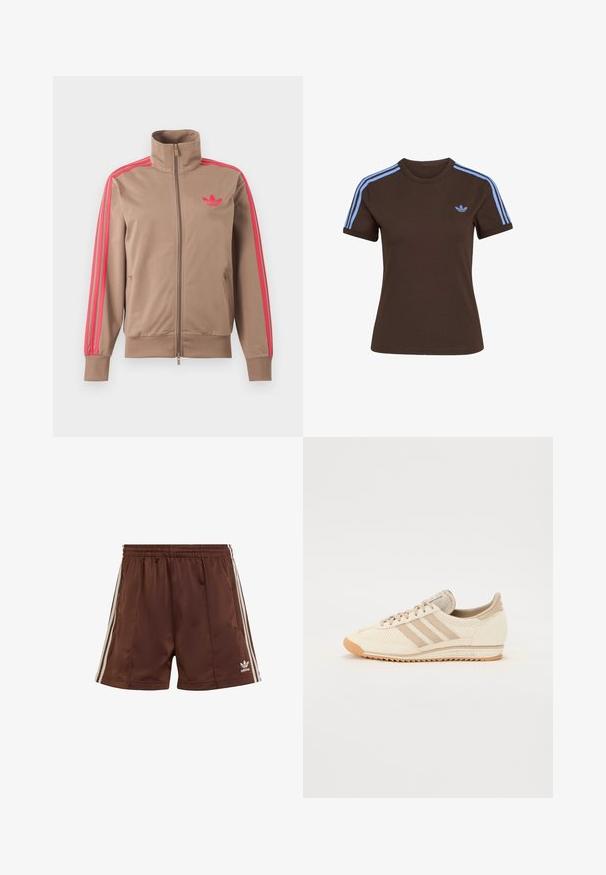 Hellbraune Trainingsjacke mit Reißverschluss und hohem Kragen, pinke Streifen an den Ärmeln und pinkes Adidas-Logo auf der linken Brust.; Braunes Kurzarm-T-Shirt mit hellblauen drei Streifen auf den Schultern und kleinem hellblauem Adidas-Logo auf der linken Brust.; Braune Sportshorts aus glattem Stoff mit lockerer Passform, die weiße seitliche Streifen und ein besticktes Logo am unteren linken Saum aufweisen.; Helle beige Sportschuh mit einem Obermaterial aus Mesh, drei Streifen und einer strukturierten Gummisohle. Verfügt über eine abgerundete Zehenpartie und minimalistisches Design.