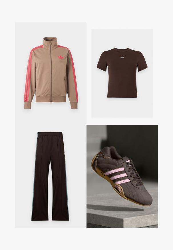 Svetlohnedá športová bunda na zips s vysokým golierom, ružové pruhy na rukávoch a ružové logo Adidas na ľavej strane hrude.; Hnedé priliehavé tričko s krátkym rukávom a malým bielym logom Adidas umiestneným v strede pod výstrihom.; Čierne široké teplákové nohavice s svetlomodrými bočnými pruhmi, elastickým pásom, vreckami na zips a logom Adidas na ľavom bedre.; Hnedé semišové športové topánky s ružovými pruhmi a logom, s textúrovaným vrchom, šnurovaním a gumovou podrážkou.