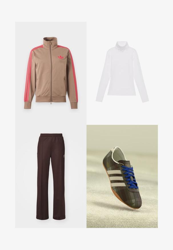 Helepruun lukuga spordijakk kõrge kraega, roosad triibud varrukatel ja roosa Adidas logo vasakul rinnal.; Valge pikkade varrukate turtleneck-särk, mis on valmistatud siledast ja venivast kangast. Omab kõrget kraed ja keha lähedast lõiget, ilma nähtavate mustrite või kaunistusteta.; Kohvilised spordipüksid elastse vöökohtaga, kahe külgmise taskuga ja väikese logoga vasakul küljel, valmistatud pehmest kangast.; Pruunist ruudulisest kangast sportlikud kingad siniste paeltega, kolm valget triipu ja siledat pinda, millel on helesinine kummitald.
