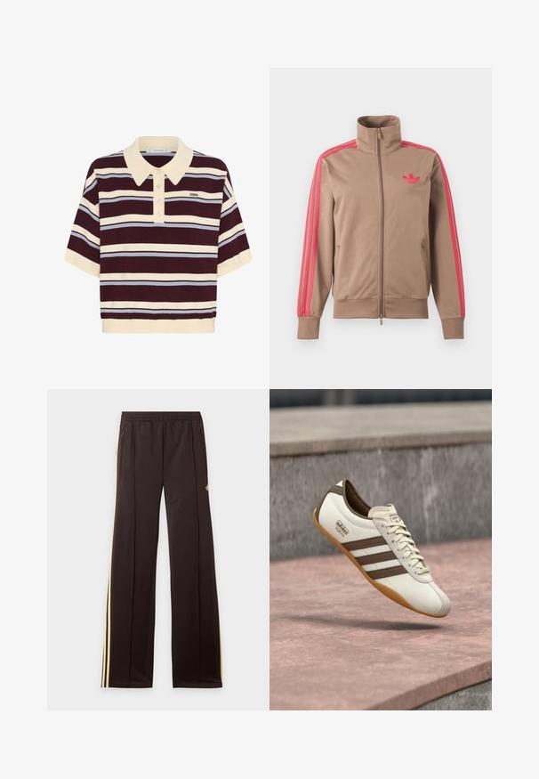 Lichtbruine trackjas met rits en hoge kraag, roze strepen op de mouwen en roze Adidas-logo op de linkerborst.; Korte mouwen polo shirt in kastanjebruin en crèmekleurige strepen met lichtblauwe accenten, met een kraag en knoopsluiting. Zacht gebreide stof.; Zwarte trainingsbroek met gele zijstrepen, elastische tailleband, ritszakken aan de zijkant en een klein logo op het bovenbeen.; Witte sneaker met bruine accenten en drie strepen, voorzien van een suède neuskapje, crèmekleurige veters en een zool van gum rubber. Merkenlogo zichtbaar.