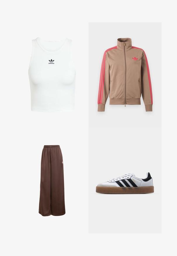 Svetlohnedá športová bunda na zips s vysokým golierom, ružové pruhy na rukávoch a ružové logo Adidas na ľavej strane hrude.; Biely bavlnený top bez rukávov s priliehavou rebrovanou textúrou, okrúhlym výstrihom a vyšívaným čiernym logom Adidas na prednej strane.; adidas Originals Tepláky - auburn cream white; Biele kožené tenisky s čiernymi pruhmi, gumová podrážka, okrúhla špička, šnurovanie a mäkký sivý semišový špička.
