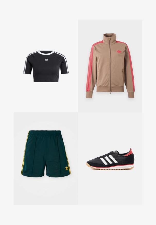Helepruun lukuga spordijakk kõrge kraega, roosad triibud varrukatel ja roosa Adidas logo vasakul rinnal.; Must külmavärviline lühikeste varrukatega puuvillane t-särk, millel on ribatud valge ümar kaelus, lühikesed raglan varrukad ning valged külgriibid väikese logoga.; Tumed roheline spordilühike, millel on elastne vöökoht, kollased külgribad ja tikandiga kollane logo sääreosas.; Mustad spordijalats valgete triipude, seemisnahast detailide ja punase kannaga. Võrgutekstuuriga ja kummist tallaosaga, millel on helepruun muster.