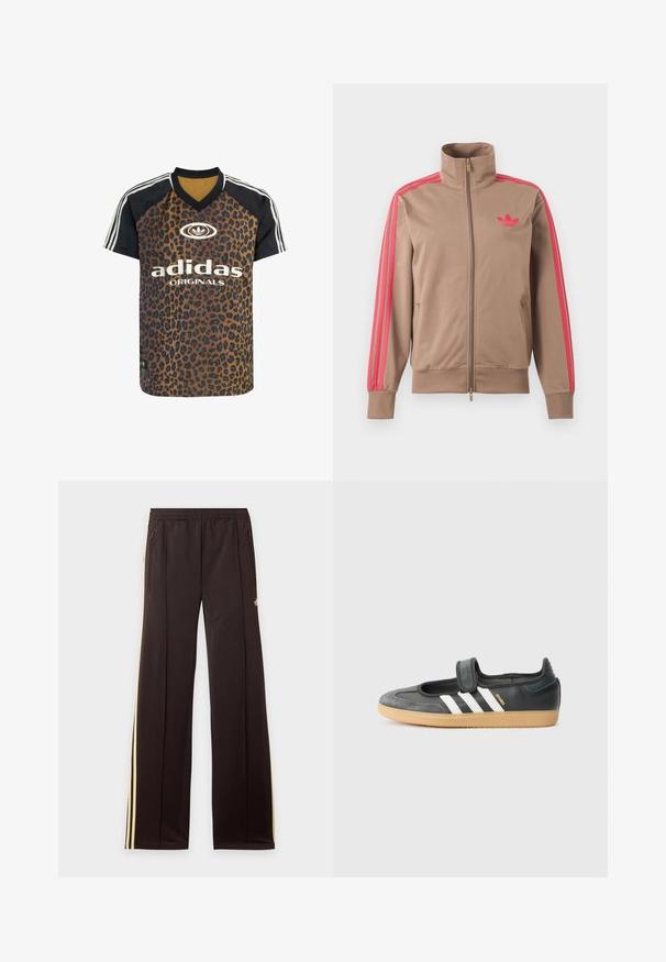 Hellbraune Trainingsjacke mit Reißverschluss und hohem Kragen, pinke Streifen an den Ärmeln und pinkes Adidas-Logo auf der linken Brust.; adidas Originals LEO PRINT SATIN - T-Shirt print - multicolor bronze strata; Schwarze Jogginghose mit gelben Seitenstreifen, elastischem Bund, seitlichen Reißverschlusstaschen und kleinem Logo am oberen Oberschenkel.; Schwarze Leder- und Wildledersneaker mit einem Klettverschluss, ausgestattet mit drei weißen Streifen und einer Gummisohle, beschriftet mit "SAMBA" an der Seite.