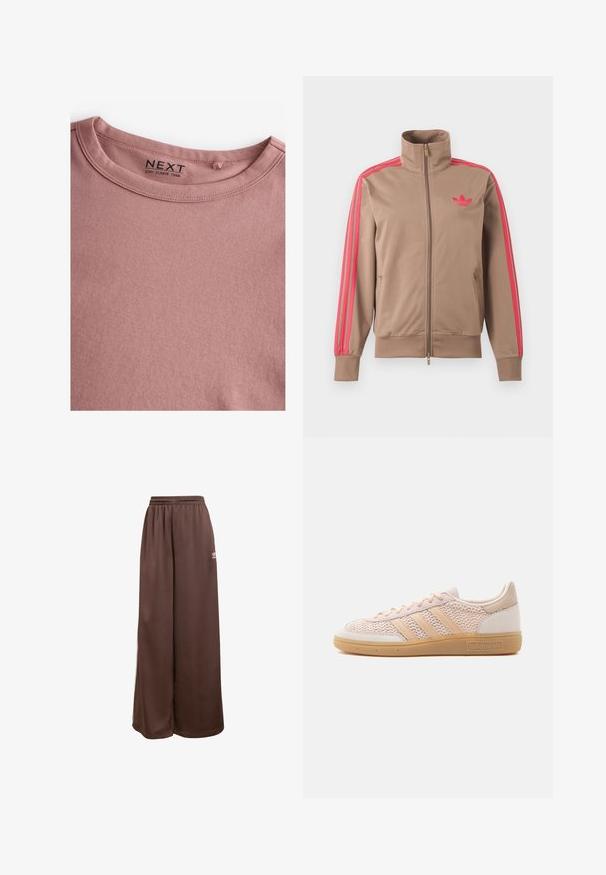 Chaqueta deportiva marrón claro con cremallera y cuello alto, rayas rosas por las mangas y logo rosa de Adidas en el pecho izquierdo.; Camiseta de manga larga en color rosa polvoriento, hecha de algodón suave, con un sencillo cuello redondo y una textura lisa. La etiqueta dice "NEXT."; adidas Originals Pantalones deportivos - auburn cream white; Zapatilla Adidas beige de corte bajo con parte superior de tela tejida, suela de goma color goma y tres franjas características en el lateral.