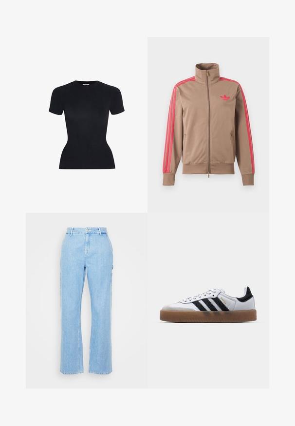 Hellbraune Trainingsjacke mit Reißverschluss und hohem Kragen, pinke Streifen an den Ärmeln und pinkes Adidas-Logo auf der linken Brust.; Schwarzes Baumwoll-T-Shirt mit kurzen Ärmeln, tailliertem Schnitt, Rundhalsausschnitt und glatter Textur. Minimalistischer Stil, keine sichtbaren Muster oder Akzente.; Hellblaue Jeanshose mit geradem Bein, hoher Taille und Knopfverschluss vorne. Verfügt über zwei seitliche Taschen und minimalistische Nähte.; Weiße Leder Sneakers mit schwarzen Streifen, Gummigummi-Außensohle, runder Zehenform, Schnürverschluss und weichem grauem Wildleder-Zehenkappe.