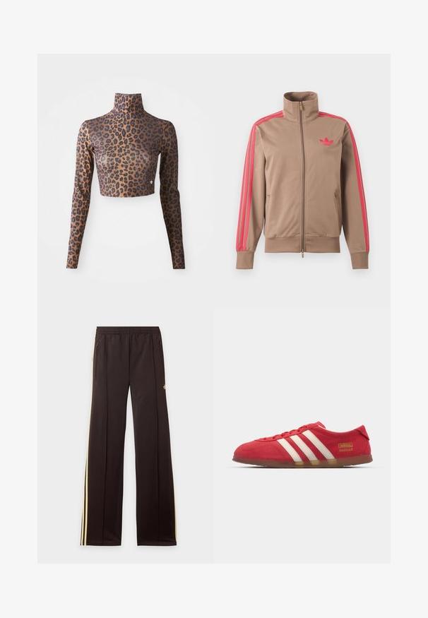 Svetlohnedá športová bunda na zips s vysokým golierom, ružové pruhy na rukávoch a ružové logo Adidas na ľavej strane hrude.; Hnedo-čierny crop top s dlhým rukávom so vzorom leopardích škvŕn, s vysokým golierom a hladkou, jemnou textúrou. Diskrétny logový detail na leme.; Čierne tepláky so žltými bočnými pruhmi, elastickým pásom, bočnými vreckami na zips a malým logom na hornej časti stehna.; Červené semišové tenisky s bielym trojpruhovým dizajnom, plochou podrážkou a zlatým logom. Nízky strih s okrúlou špičkou a šnurovaním.