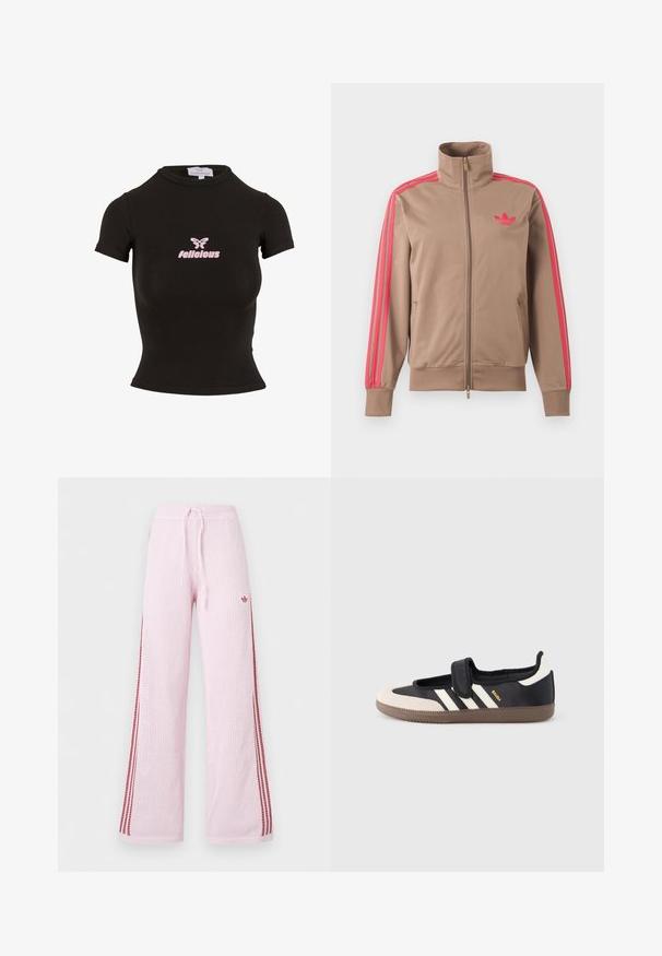 Veste de survêtement marron clair zippée avec col montant, bandes roses sur les manches et logo Adidas rose sur le côté gauche de la poitrine.; Top court noir à manches courtes fabriqué dans un matériau extensible. Présente un logo "felicious" rose et un graphique de papillon sur le devant.; Pantalon large en maille rose clair avec bandes latérales rouges, taille à cordon et petit logo sur la partie supérieure de la cuisse.; Baskets noires et beiges avec une bride en velcro, trois bandes blanches sur le côté, et une semelle en caoutchouc marron texturée. Logo de la marque visible.