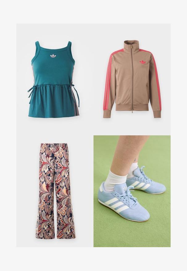 Lichtbruine trackjas met rits en hoge kraag, roze strepen op de mouwen en roze Adidas-logo op de linkerborst.; Cyan mouwloze top met geplooide taille, roze zijkanten en geborduurd logo. Gemaakt van zachte stof met een losse pasvorm en strikaccenten.; Wijde broek met elastische tailleband, voorzien van een kleurrijk paisley-patroon in rood, beige, marineblauw en oranje tinten.; Lichtblauwe sportschoenen met witte strepen en branding. Kenmerken zijn textielleer, vetersluiting en rubberen zool. Draagt met witte sokken.