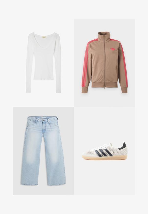 Svetlohnedá športová bunda na zips s vysokým golierom, ružové pruhy na rukávoch a ružové logo Adidas na ľavej strane hrude.; Biely dlhý rukáv top s výstrihom do V, vyrobený z jemného, ľahkého materiálu. Má priliehavý strih s minimom švov a bez ozdôb.; Svetlomodré nohavice s širokými nohavicami vyrobené z denimu. Majú rovný strih, dizajn s piatimi vreckami a zapínanie na gombík na páse.; Biele sieťované tenisky s čiernym dizajnom troch pruhov, zaoblenou špičkou a gumovou podrážkou. Majú mäkký opätkový golier a šnurovanie.