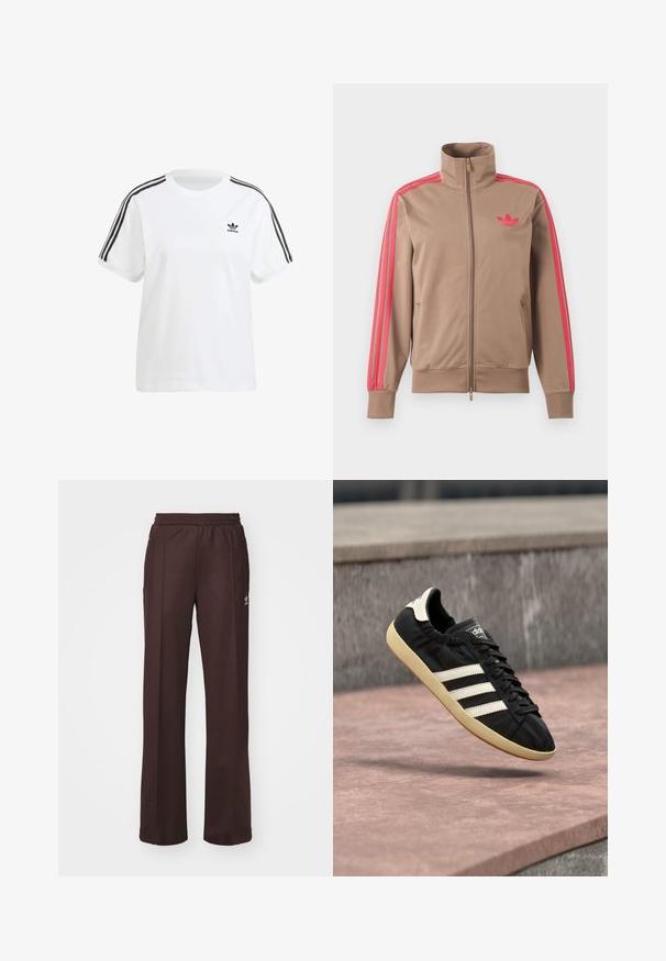 Svetlohnedá športová bunda na zips s vysokým golierom, ružové pruhy na rukávoch a ružové logo Adidas na ľavej strane hrude.; Biela bavlnená tričko so krátkymi rukávmi, okrúhlym výstrihom a čiernymi vertikálnymi pruhmi na ramene, s malým čiernym logom na hrudi.; Hnedé športové nohavice s elastickým pásom, dvoma bočnými vreckami a malým logom na ľavej strane, vyrobené z mäkkej látky.; Čierna teniska Adidas s bielymi pruhmi a béžovou podrážkou, zachytená vo vzduchu nad kamenným povrchom a kamennou stenou v pozadí.