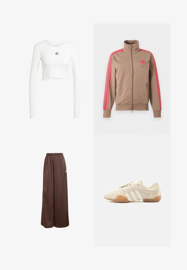Lysebrun trackjakke med lynlås og høj krave, lyserøde striber ned ad ærmerne og lyserødt Adidas-logo på venstre bryst.; Hvid cropped langærmet skjorte lavet af ribbet bomuld. Har rund hals og lille sort Adidas-logo på brystet.; adidas Originals Træningsbukser - auburn cream white; Lavprofileret beige sneaker med tre hvide striber, teksturerede ruskindssidepaneler, gummisål og snørelukning på ensfarvet baggrund.