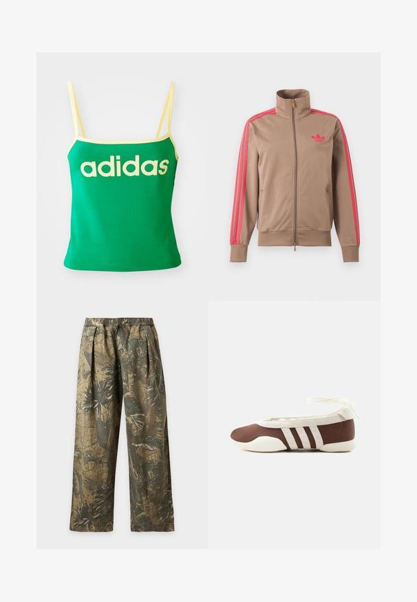 Svetlohnedá športová bunda na zips s vysokým golierom, ružové pruhy na rukávoch a ružové logo Adidas na ľavej strane hrude.; Zelený tank top s žltými akcentmi, vyrobený z elastického materiálu. Má veľké žlté logo "adidas" na prednej strane a tenké ramienka.; Voľné nohavice s elastickým pásom, s potlačou tropických listov v zelenej a hnedej farbe v maskáčovom vzore.; Hnedá a biela baletná balerína s tromi bielymi pruhmi a mašľou na zviazanie okolo členku na jednoduchom svetlom pozadí.