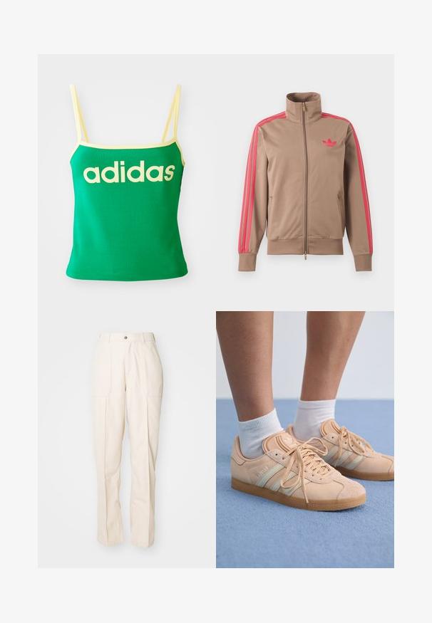 Vaaleanruskea vetoketjullinen urheilutakki, jossa korkea kaulus, vaaleanpunaiset raidat hihoissa ja vaaleanpunainen Adidas-logo vasemmassa rinnassa.; Vihreä tankkitoppi keltaisilla yksityiskohdilla, valmistettu joustavasta materiaalista. Edessä on suuri keltainen "adidas"-logo ja ohuet olkaimet.; Beige, suorat lahkeet housut, jotka on valmistettu puuvillasekoitteesta. Sisältää kaksi etutaskua, napin kiinnityksen ja näkyviä ompeluyksityiskohtia.; Vaaleanpunaiset mokkanahkakengät, joissa on kolme valkoista raitaa, teksturoitu pohja ja logo kielekkeessä. Käytetään valkoisten sukkien kanssa sinisellä pinnalla.