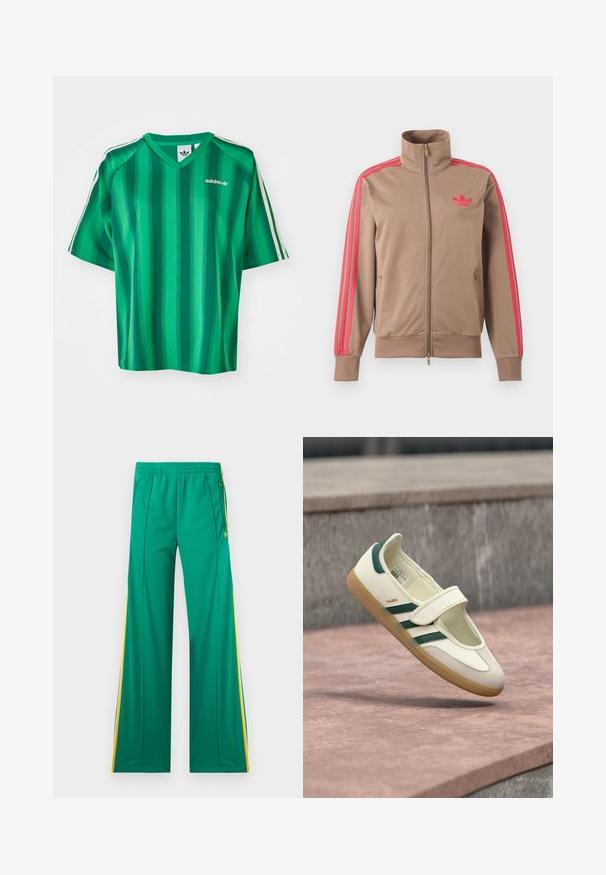 Svetlohnedá športová bunda na zips s vysokým golierom, ružové pruhy na rukávoch a ružové logo Adidas na ľavej strane hrude.; Zelené pruhované tričko s krátkym rukávom, výstrihom do V a logom Adidas. Má kontrastné biele bočné pruhy a hladkú, ľahkú tkaninu.; Zelené tepláky s žltými bočnými pruhmi, elastickým pásom a vreckami so zipsom, zobrazené na bielom pozadí.; Biela kožená obuv so zelenými pruhmi, zaoblenou špičkou, upevnená pásikom. Podošva z gumy, minimalistický dizajn, zvýraznené šitie pozdĺž horných okrajov.