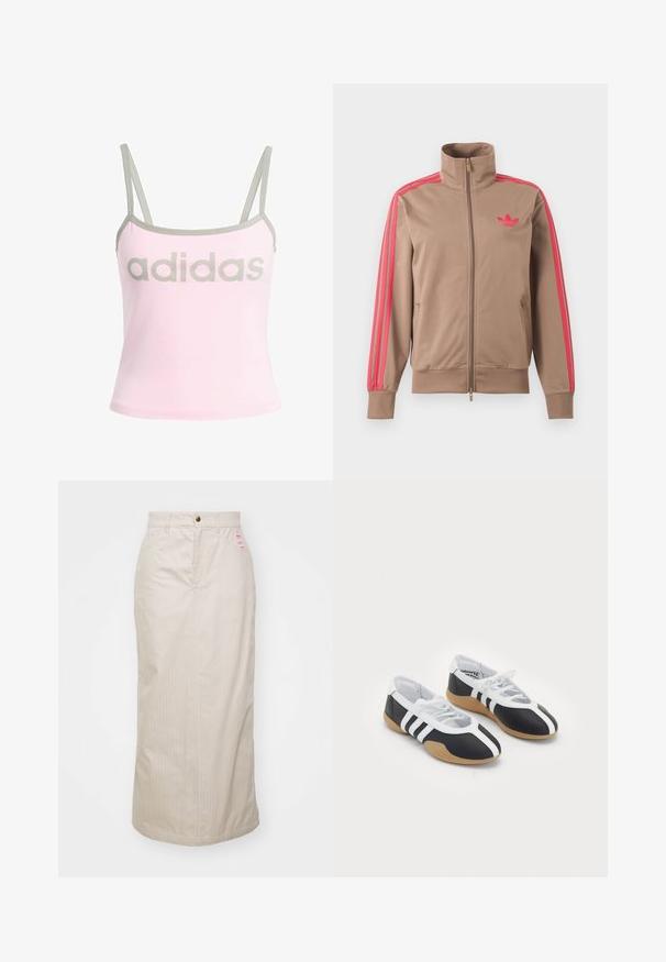 Helepruun lukuga spordijakk kõrge kraega, roosad triibud varrukatel ja roosa Adidas logo vasakul rinnal.; Hele roosa tank top hallide ääred ja reguleeritavad spagett-rihmad, millel on suur keskel hall "adidas" logo. Puuvillane materjal.; Bež triibuline seelik kõrgema vöökohaga, peidetud tõmblukk ja metallist nööbiga kinnitamine. Esiosas on väike kaubamärgiga silt.; Mustvalged spordijalatsid, millel on sile disain, kummist tald, paeltest kinni tõmmatav sulgur ja kolm valget triipu külgedel.
