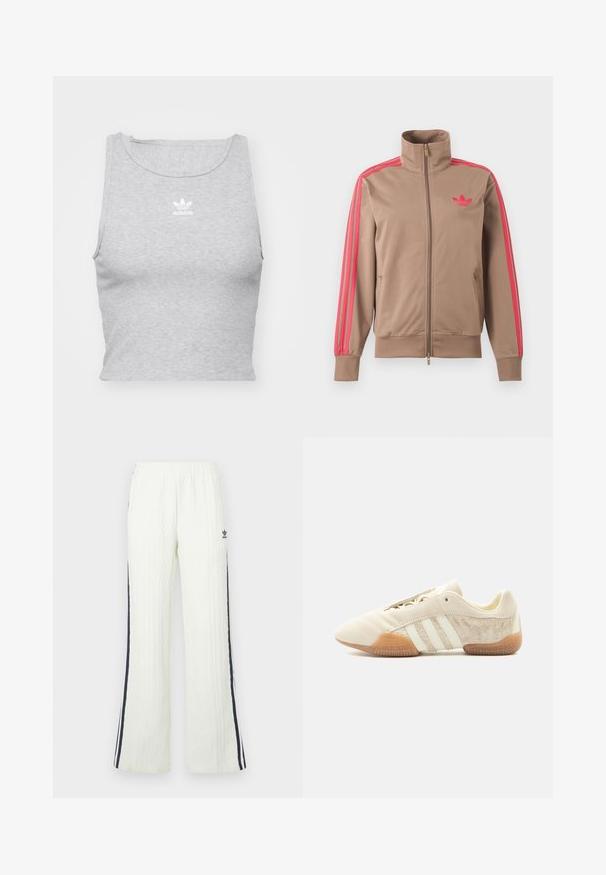 Hellbraune Trainingsjacke mit Reißverschluss und hohem Kragen, pinke Streifen an den Ärmeln und pinkes Adidas-Logo auf der linken Brust.; Graues, ärmelloses Crop-Top aus weichem Stoff, mit Rundhalsausschnitt und kleinem weißen Adidas-Logo auf der Brust.; Helle cremefarbene Strickhose mit Zopfmuster und ausgestelltem Schnitt. Verfügt über dunkelblaue Seitenstreifen und ein Adidas-Logo an der Hüfte. Elastischer Bund.; Flacher beiger Sneaker mit drei weißen Streifen, strukturierten Wildleder-Seitenflächen, Gummisohle und Schnürverschluss vor einfarbigem Hintergrund.