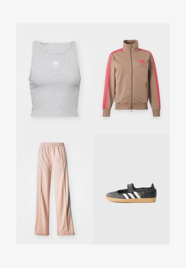 Chaqueta deportiva marrón claro con cremallera y cuello alto, rayas rosas por las mangas y logo rosa de Adidas en el pecho izquierdo.; Top corto sin mangas gris, hecho de un tejido suave, con un escote redondo y un pequeño logo blanco de Adidas en el pecho.; Pantalones deportivos de color rosa claro con un ajuste relajado, que cuentan con rayas laterales azules y una cinturilla con cordón. Fabricados en una tela suave y ligera.; Zapatilla de deporte de cuero negro y ante con una correa de Velcro, que presenta tres rayas blancas y una suela de goma, etiquetada "SAMBA" en el lateral.