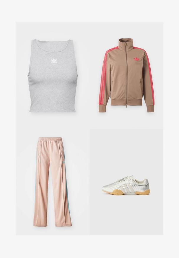 Hellbraune Trainingsjacke mit Reißverschluss und hohem Kragen, pinke Streifen an den Ärmeln und pinkes Adidas-Logo auf der linken Brust.; Graues, ärmelloses Crop-Top aus weichem Stoff, mit Rundhalsausschnitt und kleinem weißen Adidas-Logo auf der Brust.; Helle rosa Sporthosen mit entspannter Passform, ausgestattet mit blauen Seitenstreifen und einem Kordelzugbund. Hergestellt aus glattem, leichtem Stoff.; Silberner Sportschuh mit glattem Lederobermaterial, Gummisohle und strukturierten Akzenten. Verfügt über ein geschwungenes Design und tonale Schnürsenkel.