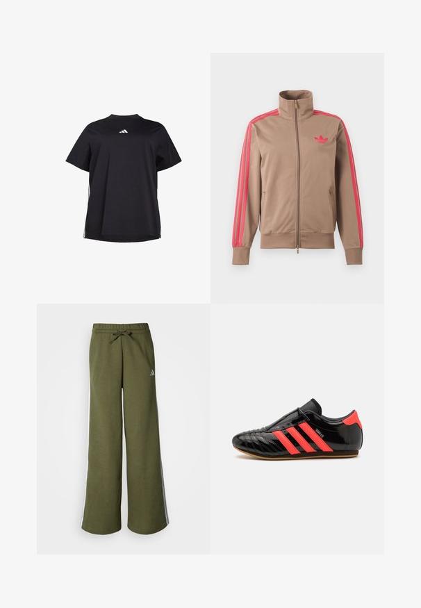 Svetlohnedá športová bunda na zips s vysokým golierom, ružové pruhy na rukávoch a ružové logo Adidas na ľavej strane hrude.; Čierne tričko s krátkym rukávom vyrobené z jemnej látky, s bielym horizontálnym akcentom na bokoch a bielym logom na prsiach.; Široké olivovo zelené tepláky z mäkkého materiálu s nastaviteľným pásom so šnúrkou a bielymi pruhmi na bokoch. Logo Adidas v striebornej farbe.; Čierne športové topánky s tromi horizontálnymi ružovými pruhmi, štýlový dizajn, hladký vrchný materiál z lesklej kože, gumová podrážka, textúrované švy.