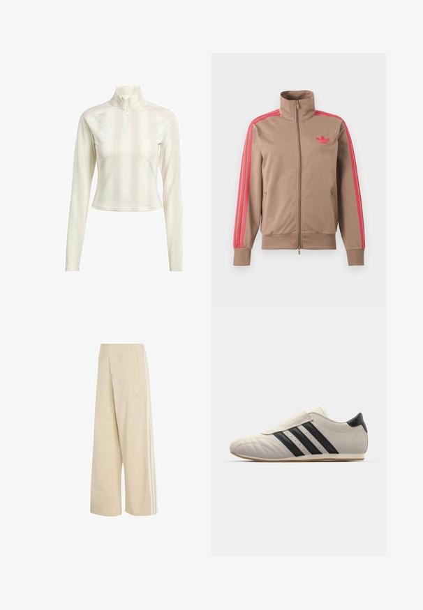 Lichtbruine trackjas met rits en hoge kraag, roze strepen op de mouwen en roze Adidas-logo op de linkerborst.; Witte langesleeve zip-up top met hoge kraag, met subtiele verticale strepen en logo-accenten op de borst en mouw. Zachte stofstructuur.; Beige wide-leg broek met elastische tailleband, zijzakken en witte driedubbele strepen langs de buitenzijden van de benen.; Lichtgrijze sneaker met zwarte strepen, ronde neus, glad leren bovenwerk, een klittenbandsluiting en een rubberen zool.
