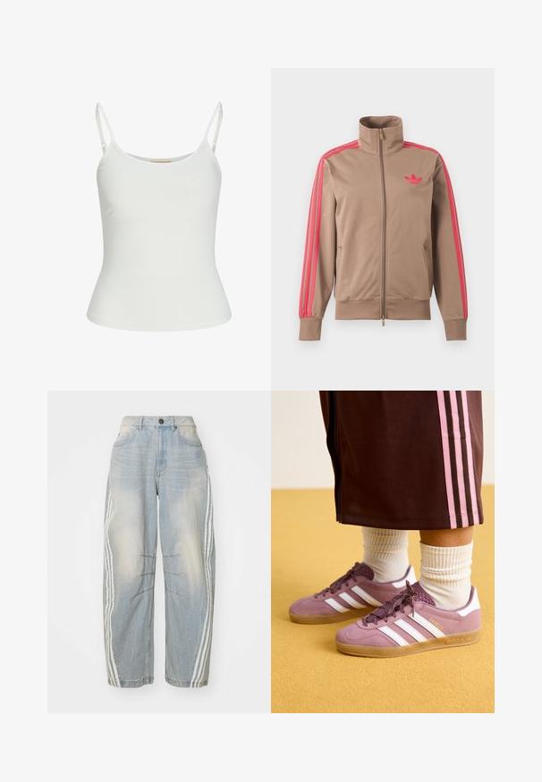 Veste de survêtement marron clair zippée avec col montant, bandes roses sur les manches et logo Adidas rose sur le côté gauche de la poitrine.; Top sans manches blanc avec bretelles réglables, design ajusté, texture de tissu lisse et encolure ronde. Aucun motif ni détail matériel.; Jeans en denim bleu clair avec une coupe ample, présentant des rayures blanches sur les côtés, des détails déchirés et une fermeture par bouton à la taille.; Baskets en suède violette avec des rayures blanches, semelle en caoutchouc et accents texturés, accompagnées de chaussettes blanches côtelées et d'un pantalon de survêtement marron avec des rayures roses.
