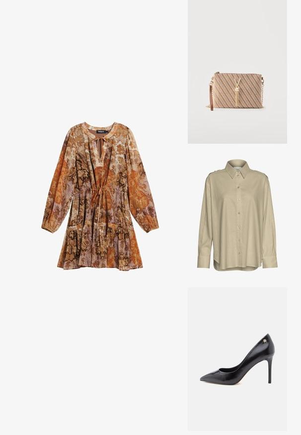 Beige overhemd met lange mouwen en knoopsluiting, gemaakt van zachte stof. Beschikt over een klassieke kraag, voorknopjes en schouderaccenten.; Bloemrijk patroon jurk met lange mouwen, een keyhole decolletée en een trekkoord in de taille. Bevat oranje, bruin en paarse tinten.; Zwarte leren pump met hoge hak en spitse neus, voorzien van een uitsnijdingsontwerp en een klein gouden logo-accent op de hak.; Bruine en crèmekleurige geweven clutch met gouden kettingriem en V-vormige gouden kwastdetail aan de voorkant.