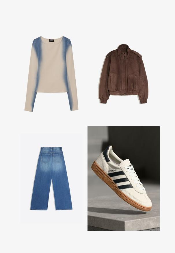 Blouson bomber en daim marron avec col montant, boutons-pression, poignets élastiques et deux poches avant sur fond blanc.; Haut à manches longues en beige clair, avec un design dégradé bleu. Texture lisse avec un col rond et une taille droite.; Jean denim bleu à jambes larges, vu de dos avec deux poches arrière et des passants de ceinture à la taille.; Baskets en daim blanc avec des bandes navy, semelle en caoutchouc gomme, tige texturée, bout rond et lacets ; arbore un logo sur le côté et sur la languette.
